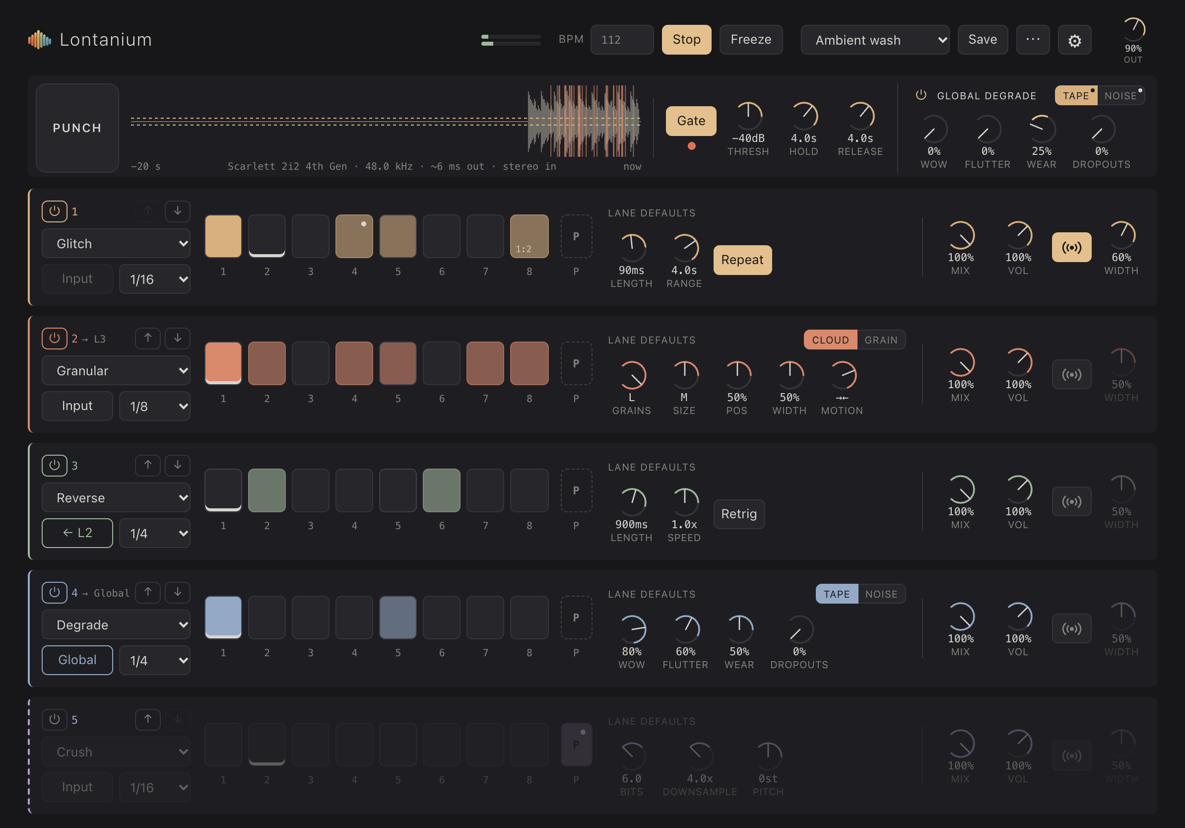 Lontanium on iPad: five colour-coded effect lanes, eight-step sequences and a live audio buffer.